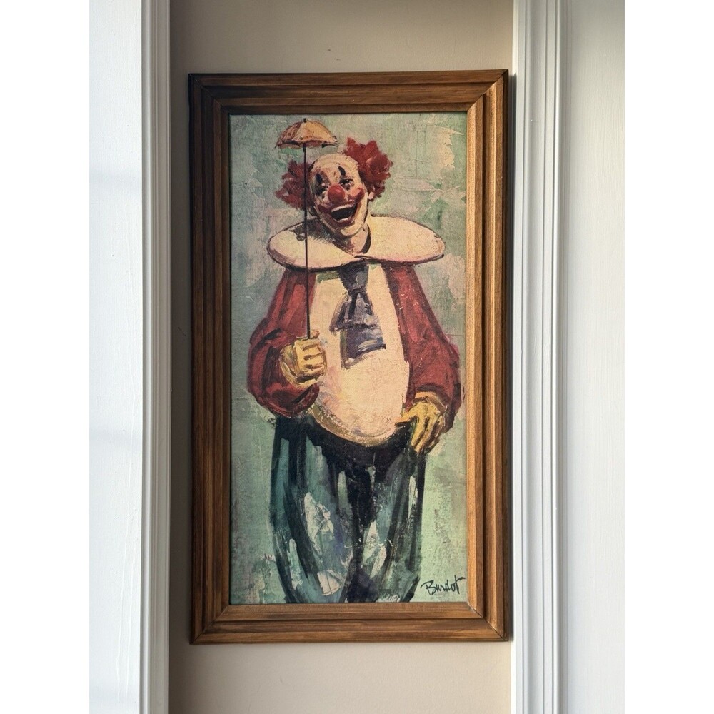 VTG Circus clown Print by Bardot Framed Picture 1960 MCM 27” Wall Art Lithograph